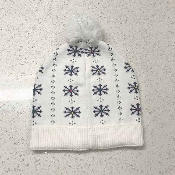 Kids Youth White & Navy Snowflake Pom Pom Beanie With Rainbow Dots - Picture 6 of 8